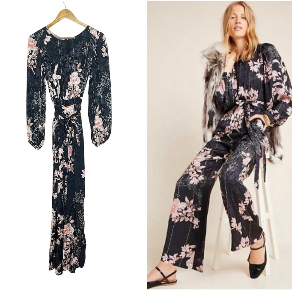 Anthropologie Harlyn Audria Jacquard Floral Black Jumpsuit XS Balloon Sleeve